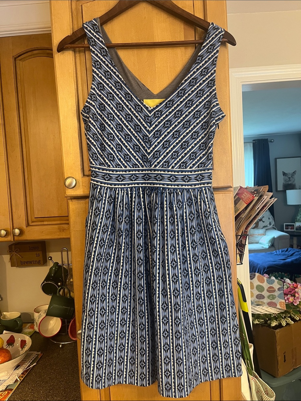 Anthropologie Maeve Blue White Striped Lazuli Aztec V-Neck Sleeveless Dress